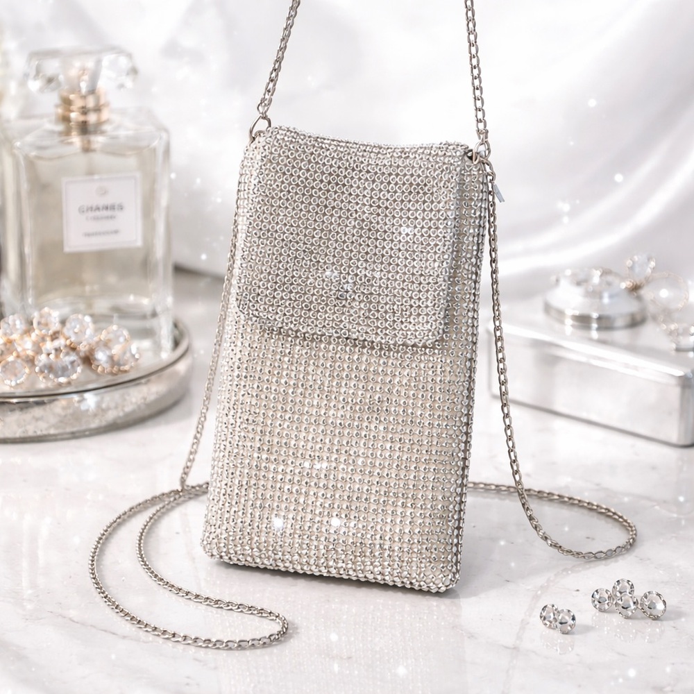 Rhinestone Phone Crossbody Bag Sparkly Diamond Crystal Mini Purse Silver Evenin - Picture 2 of 10